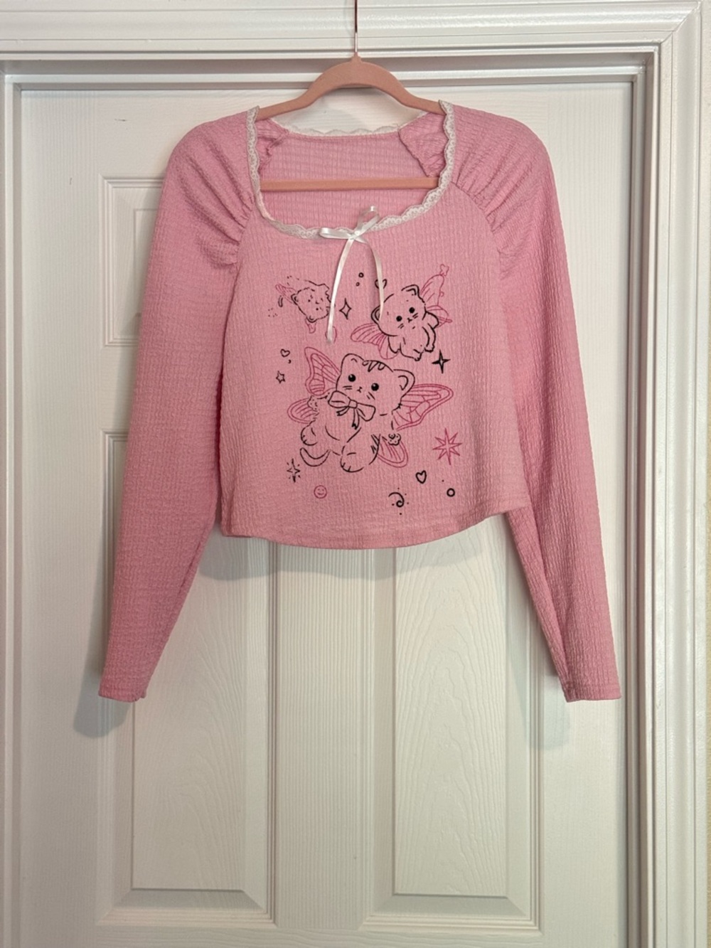 ROMWE Pink Textured Long Sleeve Top with Lace Trim